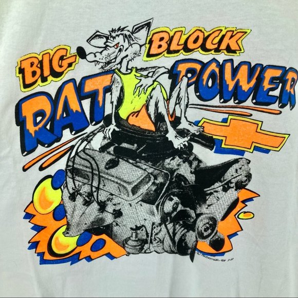 VINTAGE NWOT 1989 Single Stitch White Graphic BIG BLOCK RAT POWER T-shirt - Picture 1 of 7